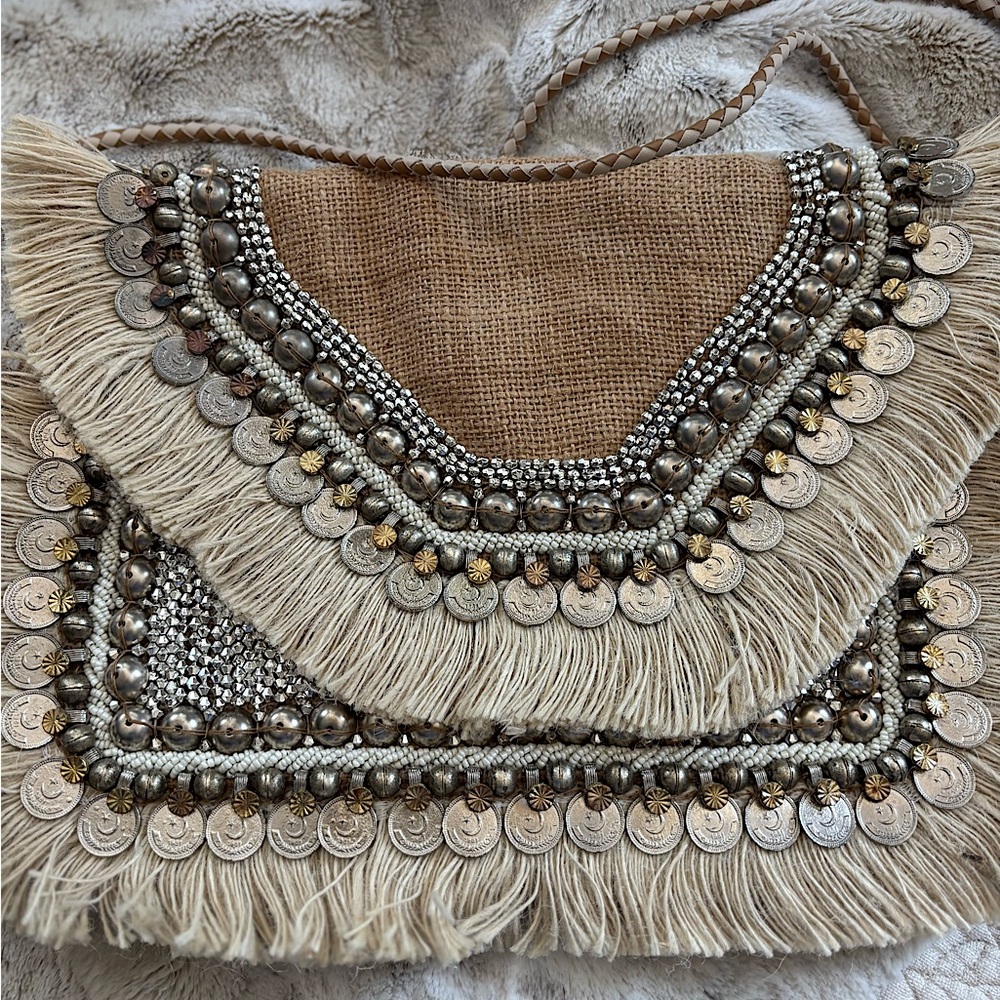 Viral Revolve Boho Jeweled Coin Fringe Clutch Crossbody Bag